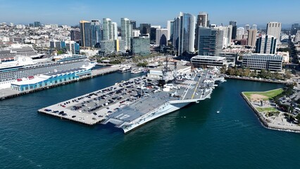 Aircraft Carrier In San Diego California United States. Breathtaking Of Iconic Military Ship Viewed...