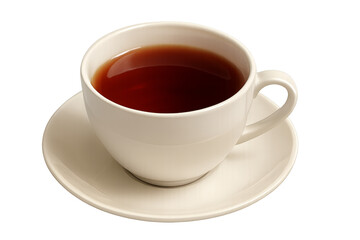 White cup brimming with aromatic black tea on transparent background