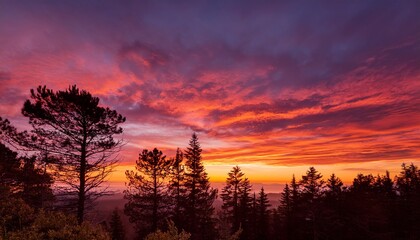 Obraz premium stunning sunset landscape colorful sky with vibrant orange and pink clouds silhouetting tranquil trees