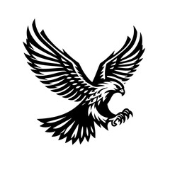 Detailed black and white illustration of an eagle in flight on white background