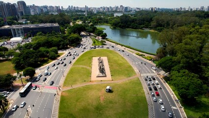 Flags Monument In Sao Paulo Brazil. Aerial Landscape Of Famous Statue In A Natural Scenery. Infrastructure Landscape Company Building Stunning. Infrastructure Urban. Sao Paulo Brazil.