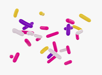 Bright and colorful candy sprinkles scattered on a white background, 3d illustration