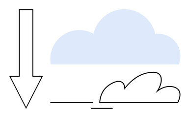 Large downward arrow beside two clouds, one filled and one outlined. Ideal for download, cloud storage, weather, simplicity, clarity, direction and conceptual ideas. Minimalist flat metaphor