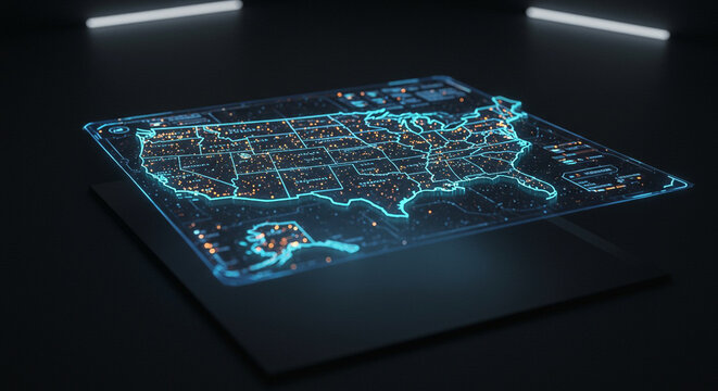 Glowing blue map of the United States on a digital screen with neon lights, against a dark background with a cinematic feel.