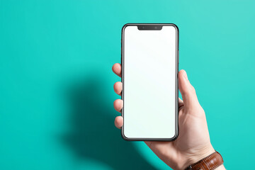 A hand holding an iPhone with a blank white screen, in a mockup style