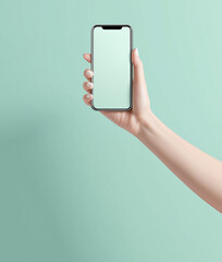 A hand holding an iPhone with a blank white screen, in a mockup style
