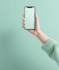 A hand holding an iPhone with a blank white screen, in a mockup style
