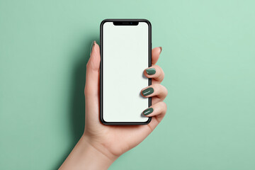 A hand holding an iPhone with a blank white screen, in a mockup style