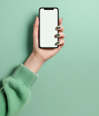 A hand holding an iPhone with a blank white screen, in a mockup style