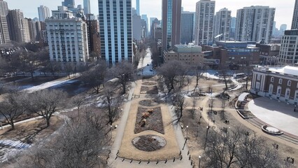 Lincoln Gardens In Chicago Illinois United States. Drone Captures A Garden With Sidewalks...