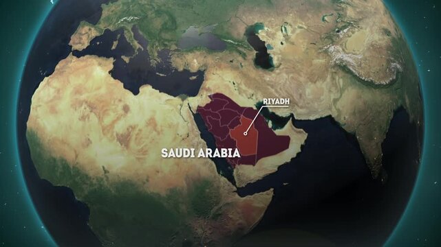 World map zoom in from outer space to Riyadh city in Saudi Arabia. 3D Earth Map Animation Highlighting Saudi Arabia and Riyadh City