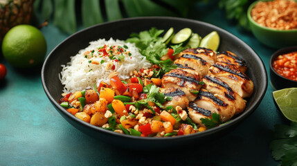 Fototapeta premium Food mockup poster with spicy Thai papaya salad sticky rice and grilled chicken