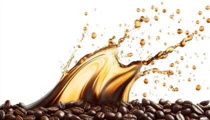 Liquid coffee splashing with golden brown drip on roasted arabica beans for warm brewed coffee