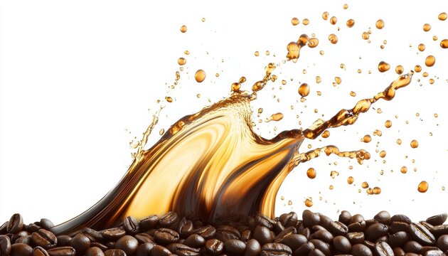 Liquid coffee splashing with golden brown drip on roasted arabica beans for warm brewed coffee
