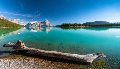 driftwood lies on a smooth surface by the water s edge reflecting a serene scene of turquoise water and distant rocky formations under bright daylight