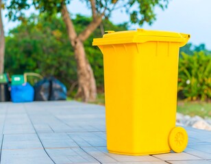 Bright yellow trash can on a paved walkway