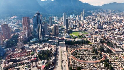Fototapeta premium Bogota Skyline In Bogota Cundinamarca Colombia. Modern City Center With Skyscrapers Reflecting The Urban Life. Infrastructure Landscape Company Building Stunning. Infrastructure Urban.
