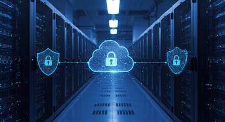 Data center with advanced cloud security illustration network protection and digital representation futuristic security modern data center advanced protection high tech cyber security 