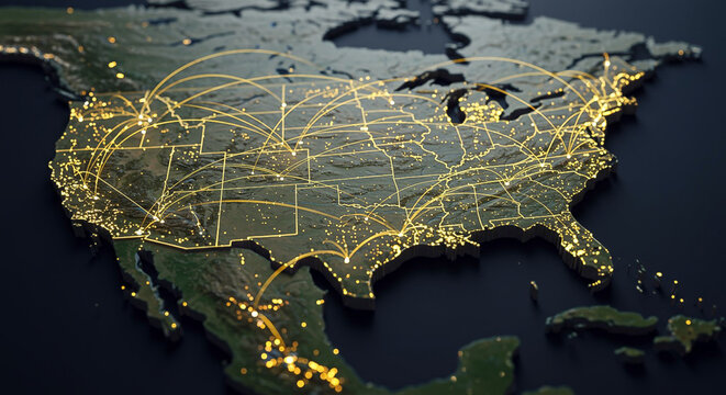Map of the United States with yellow lines and lights representing major routes and cities on a dark background.