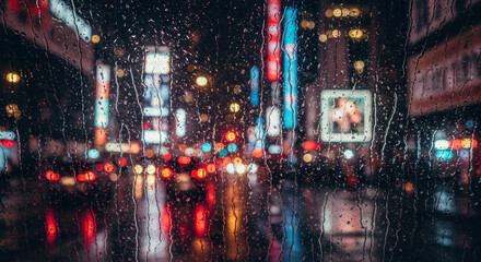 Rainy city night view through window