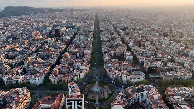 Barcelona Skyline In Barcelona Community Of Catalonia Spain. Capturing The Hustle And Bustle Of A Vibrant City From Above. Sunset Clouds Sky Downtown Cityscape. Sunset Outdoor Downtown Famous.