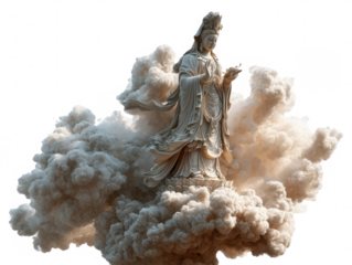 Serene Guan Yin Statue Amidst Whimsical Clouds A Spiritual and Artistic Image