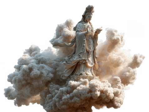 Serene Guan Yin Statue Amidst Whimsical Clouds A Spiritual and Artistic Image
