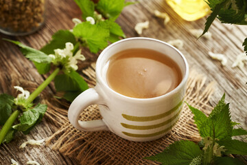 A cup of herbal tea with white dead-nettle flowers and leaves