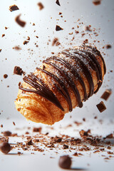 pain au chocolat flying with chocolate drizzle and crumbs, isolated on white background