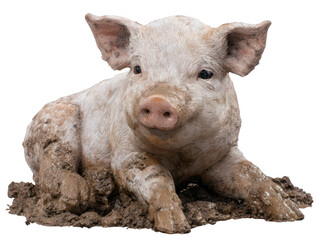 Fototapeta premium Adorable Mud Covered Piglet Resting in the Dirt Farm Animal