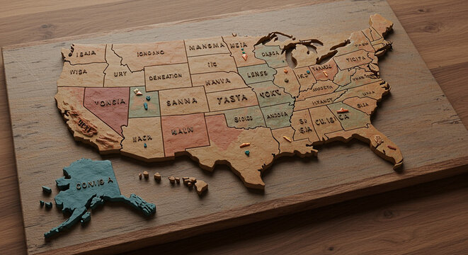 A wooden jigsaw puzzle of the United States map on a wooden board with colored pieces, on a wooden table with natural light.