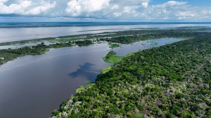 Amazon River In Manaus Amazonas Brazil. River Flowing Through Lush Green Forest Landscape. Forest Environmental Amazon Green. Wilderness Panorama. Manaus Amazonas.