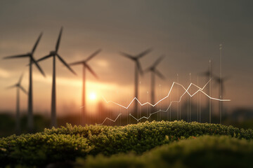 Sustainable energy industry growth concept with a digital stock market graph hologram over a green field and a wind turbine farm generating power at sunset or sunrise.
