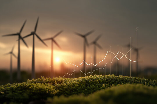 Sustainable energy industry growth concept with a digital stock market graph hologram over a green field and a wind turbine farm generating power at sunset or sunrise. - Powered by Adobe