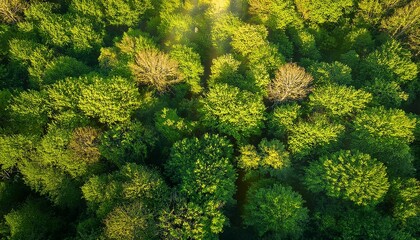 Naklejka premium lush green forest canopy vegetation from above in bright sunshine