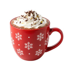 Hot chocolate with whipped cream in red mug isolated on transparent background