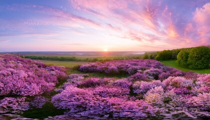 Obraz premium 2 a tranquil spring meadow filled with lush lilac bushes in full bloom their vibrant purple hues contrasting with delicate pink wildflowers scattered across the grass framed by soft pink morning