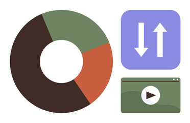 Pie chart, two arrows indicating flow or comparison, and video player window. Ideal for analytics, reporting, trends, content, communication media data sharing. A simple flat metaphor