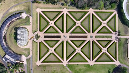 Botanical Garden In Curitiba Parana Brazil. Beautifully Designed Park Adorned With Lush Greenery. Business Sky Clouds Downtown Cityscape. Outdoor Downtown Panning Wide. Curitiba Parana.