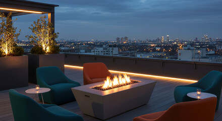 Fototapeta premium Rooftop lounge area with fire pit at twilight