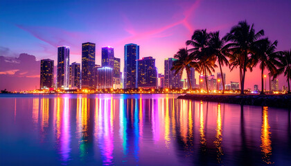 Palm Silhouettes and Neon Lights over Miami