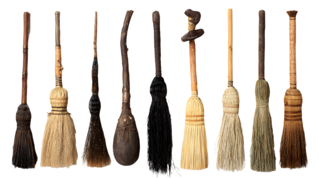 Eight broomsticks various styles, white background, cleaning, Halloween