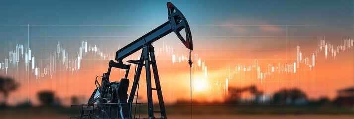 Dramatic sunset over oil fields with investment growth charts reflecting petroleum market trends