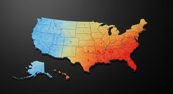 Heatmap illustration of the contiguous United States and Alaska with a gradient color scheme transitioning from blue to red on a black background.