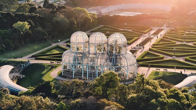 Botany Garden In Curitiba Parana Brazil. Famous Botanical Garden Showing The Around The City. Sunset Clouds Sky Downtown Cityscape. Sunset Outdoors Downtown . Curitiba Parana.