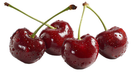 Four ripe, glossy red cherries with fresh green stems are scattered across a stark white surface, highlighting their smooth texture and vibrant color.