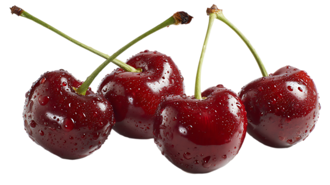 Four ripe, glossy red cherries with fresh green stems are scattered across a stark white surface, highlighting their smooth texture and vibrant color.