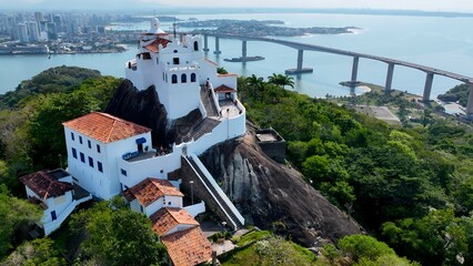 Penha Convent In Vitoria Espirito Santo Brazil. Modern City Center With Skyscrapers Reflecting The Urban Life. Town Sky Clouds Backgrounds Urban. Town Panorama. Vitoria Espirito Santo.