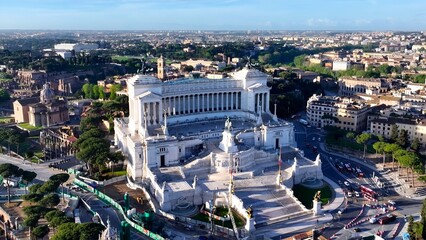 Venice Square In Rome Lazio Italy. Aerial View Of Skyscraper And Busy Traffic In The City Street....