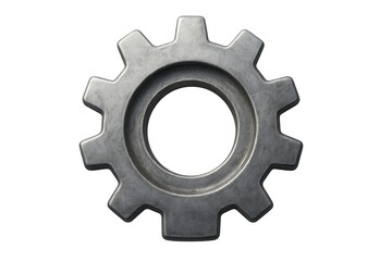 Metal gear rotating on transparent background, industrial concept